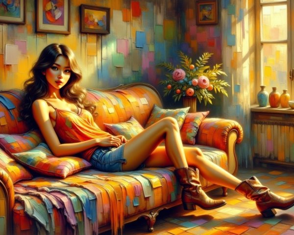Vibrant Room with Young Woman on Patchwork Sofa