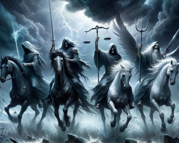 Four Horsemen of the Apocalypse on Horseback in Stormy Sky