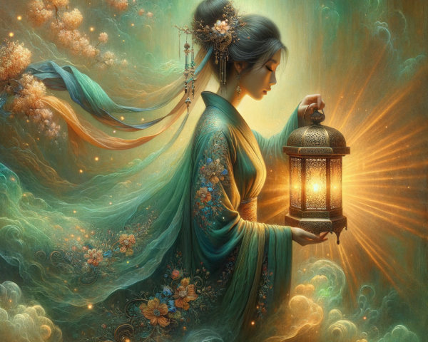 Celestial Asian Woman with Lantern in Digital Painting