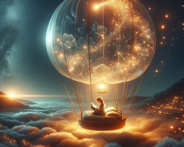 Girl in a hot air balloon above fluffy clouds