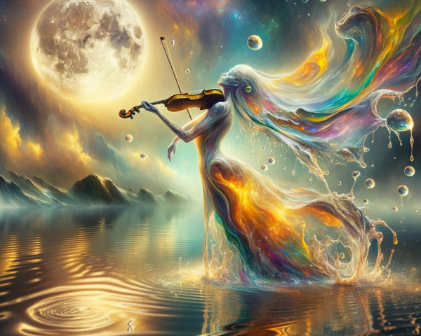 Mystical figure playing violin in shimmering water