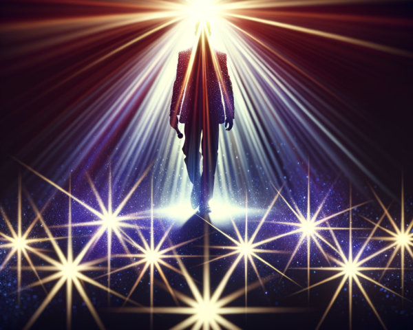 Silhouetted Figure Against Dazzling Lights and Stars