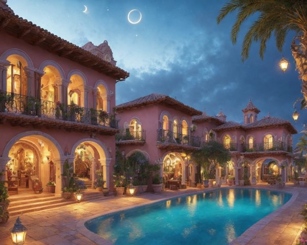 Elegant villa with ornate architecture and pool