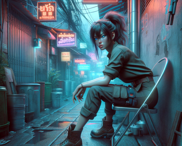 Young Woman in Neon Alley with Urban Style