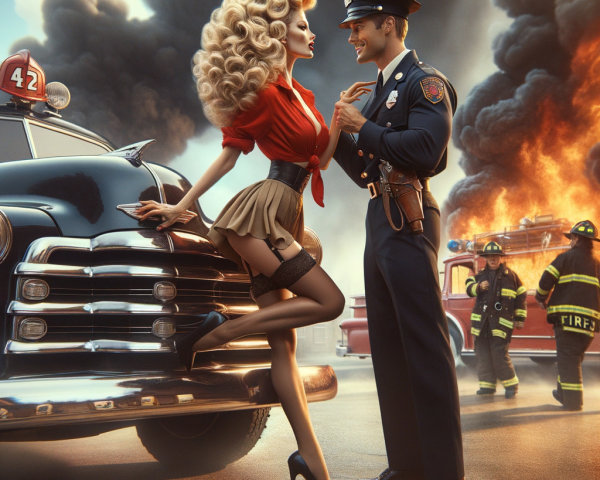 Glamorous Woman and Police Officer Amidst Fire Scene