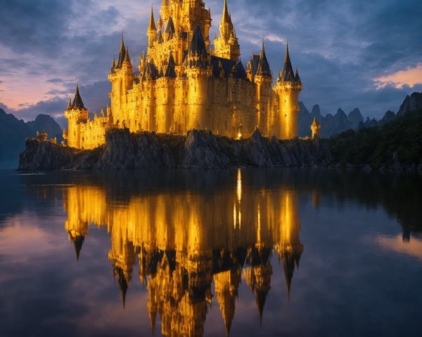 Majestic Castle on Rocky Island at Dusk