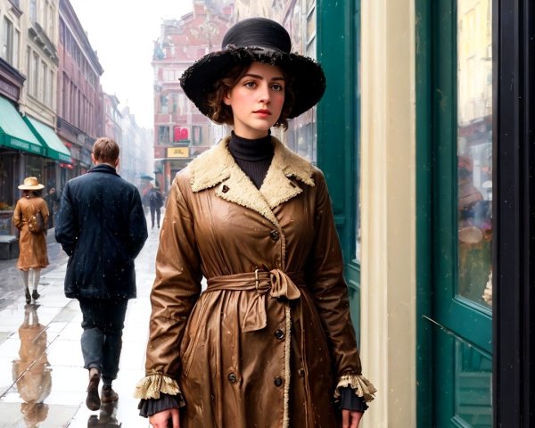 Stylish Woman in Brown Leather Coat on Rainy Street