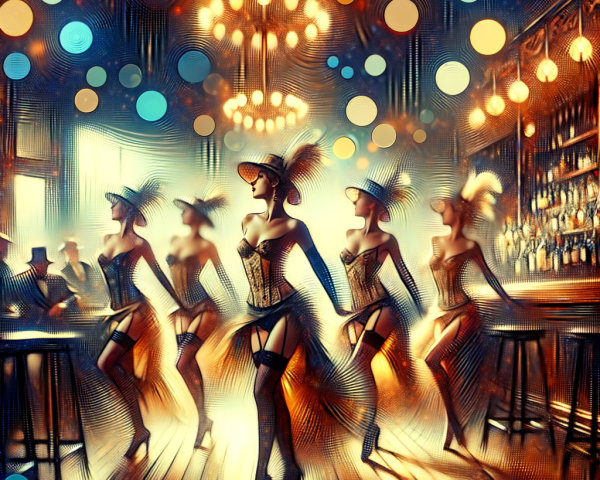 Lively cabaret scene with dancers in glamorous attire