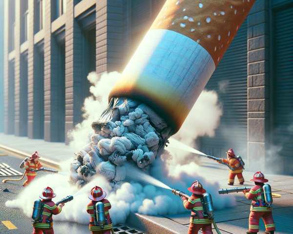 Giant Cigarette Surrounded by Tiny Firefighters in Smoke