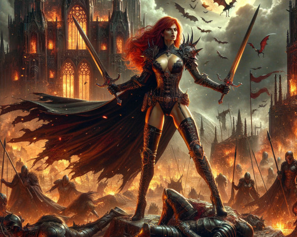 Fierce Warrior Maiden in Apocalyptic Landscape