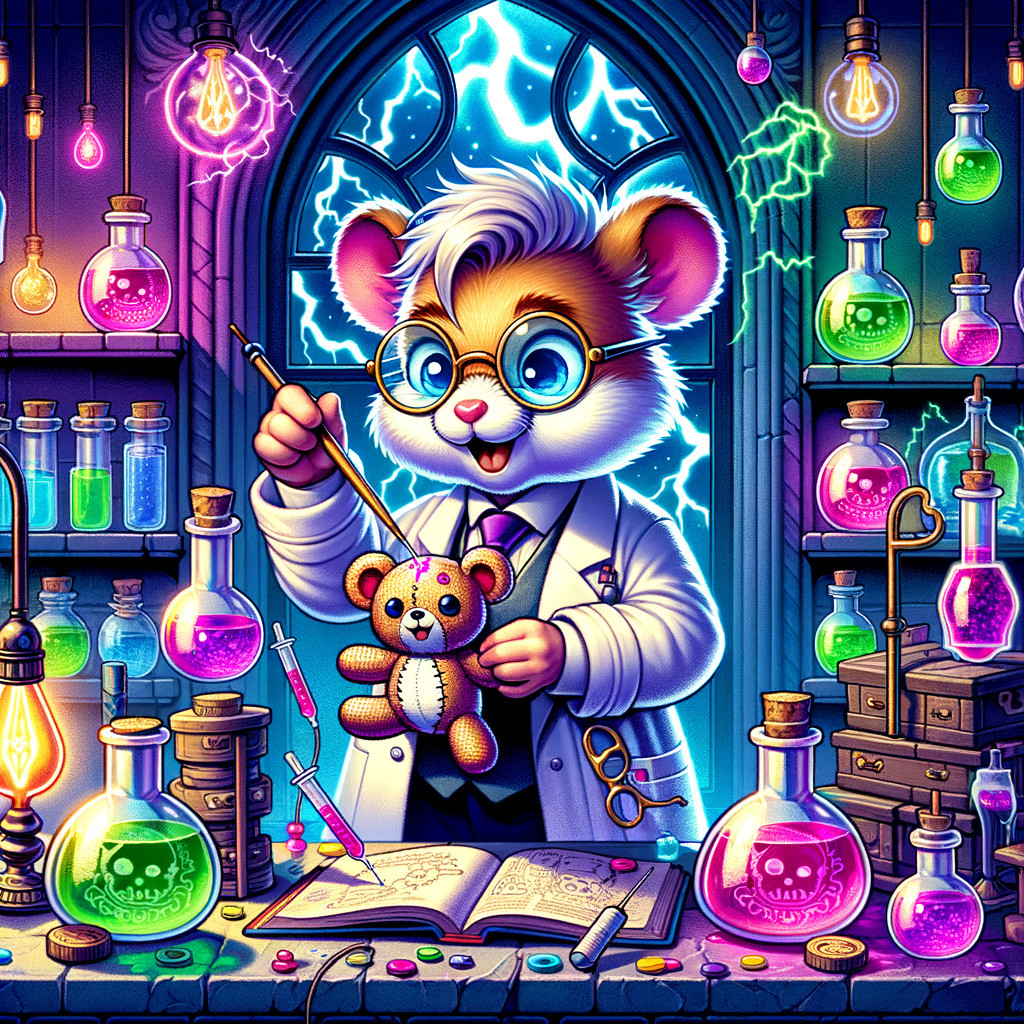 Whimsical Lab Scene with Hamster Creating Teddy Bear