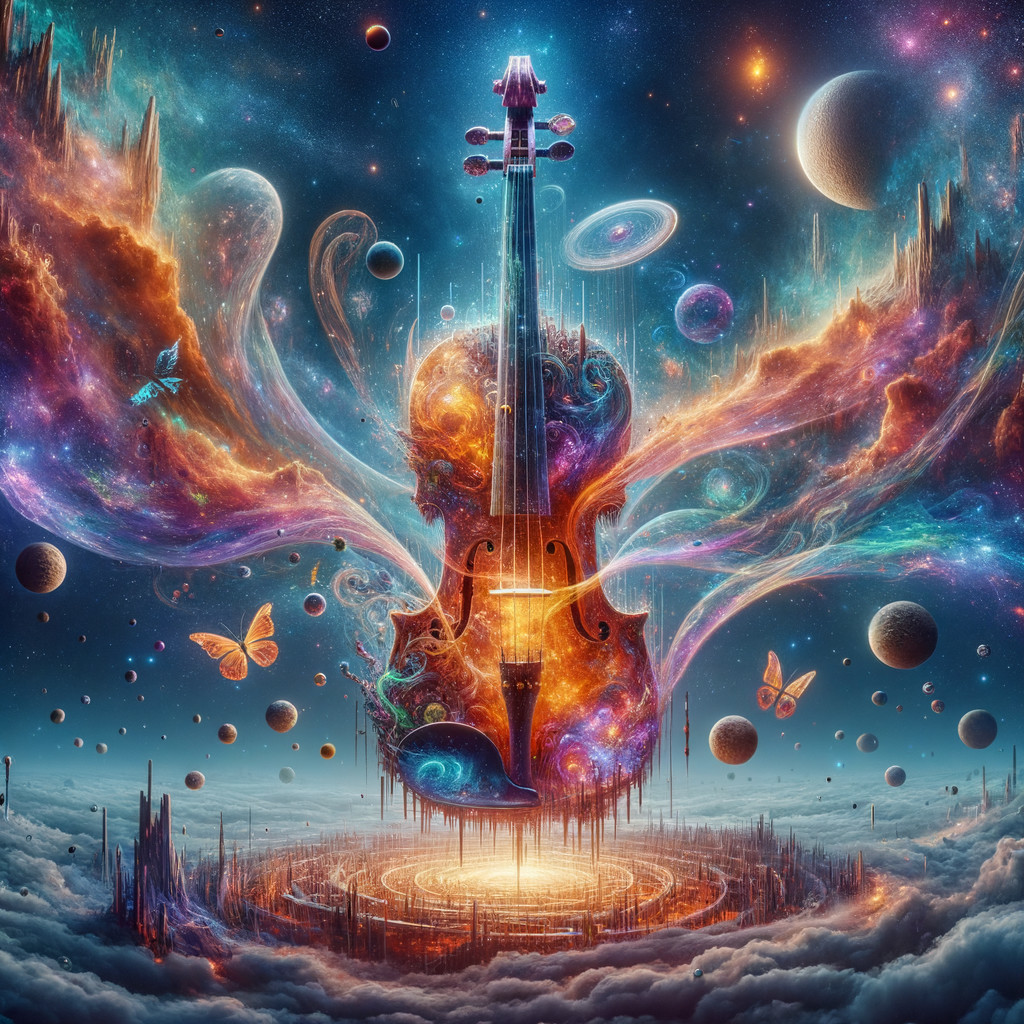 Cosmic Scene with Glowing Violin and Galaxies