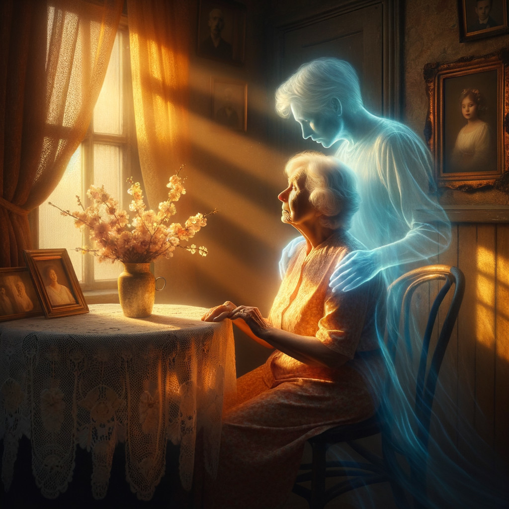 Elderly Woman in Sunlit Room with Ethereal Presence