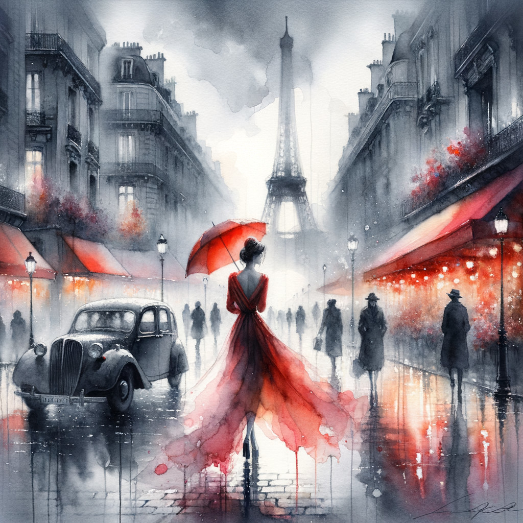 Watercolor Paris Street Scene with Eiffel Tower and Umbrella