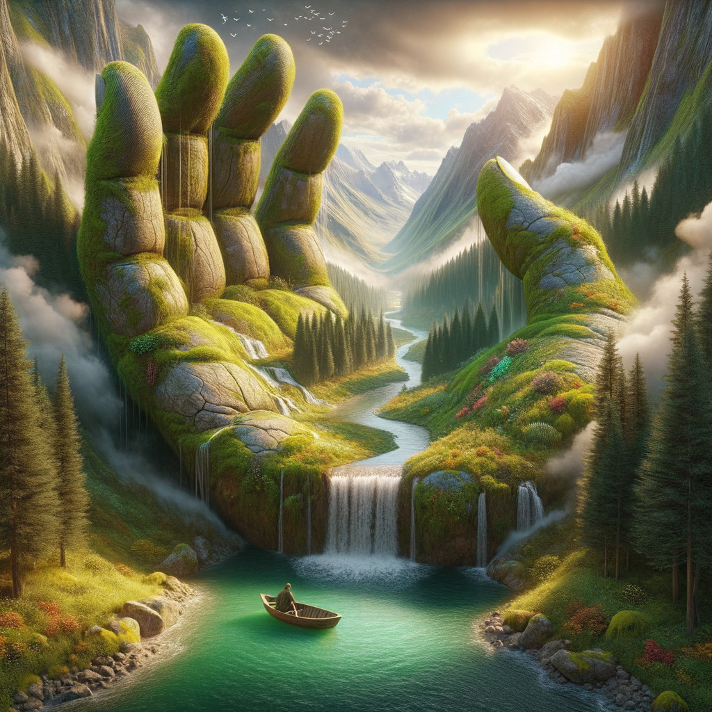 Giant Stone Hand Cradling River in Serene Landscape