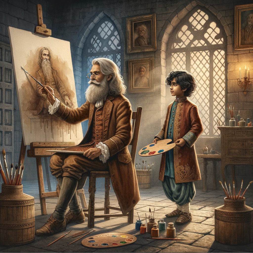Elderly Painter and Young Boy in Creative Studio Setting