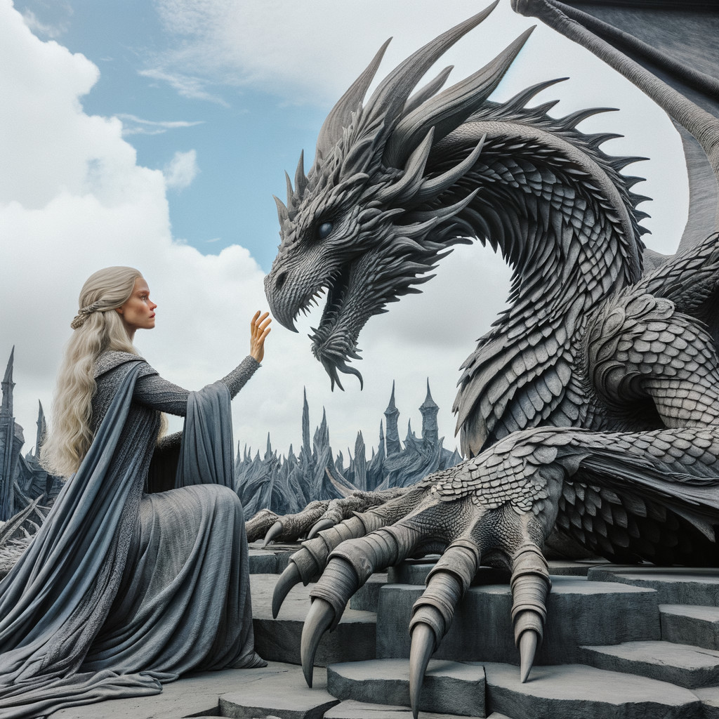 Majestic Scene of Woman and Dragon in Dramatic Landscape
