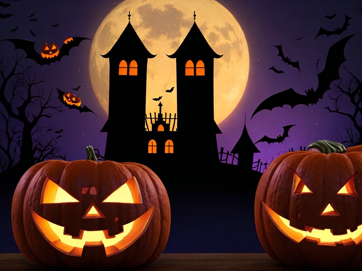 Haunted House Scene with Moon and Jack-o'-Lanterns