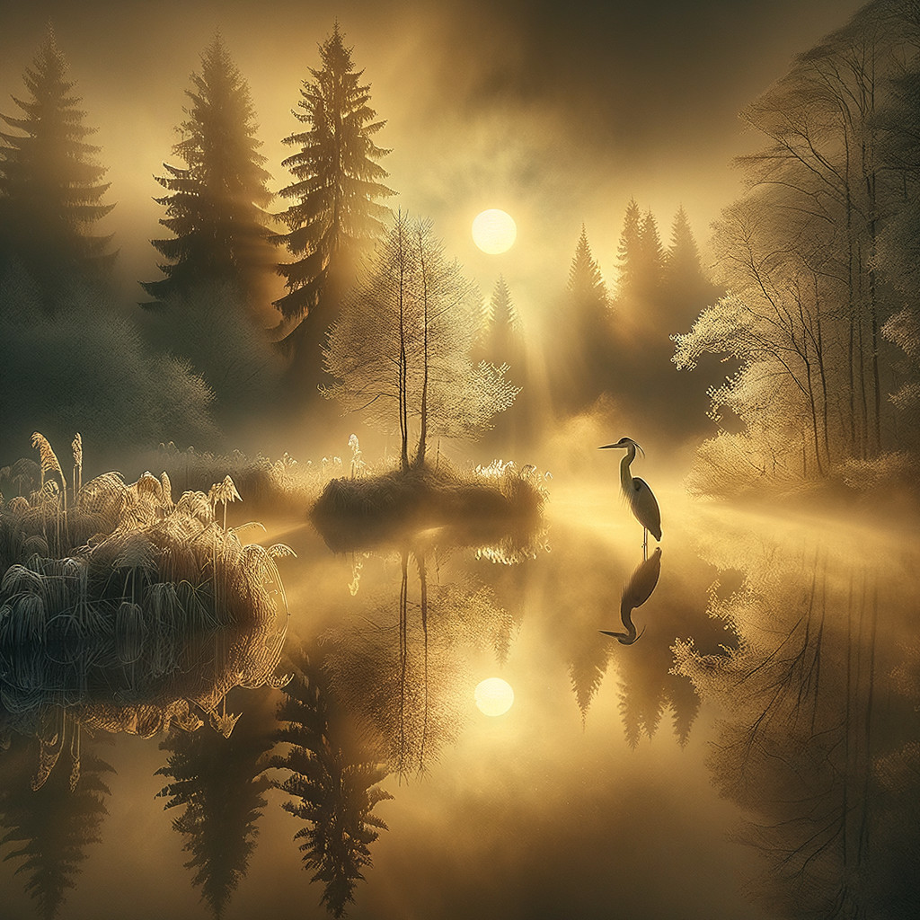 Serene Dawn Landscape with Misty Lake and Heron