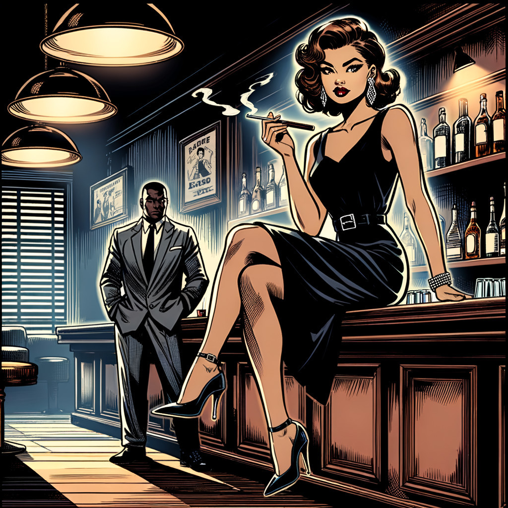 Dark-skinned woman in black dress at bar scene