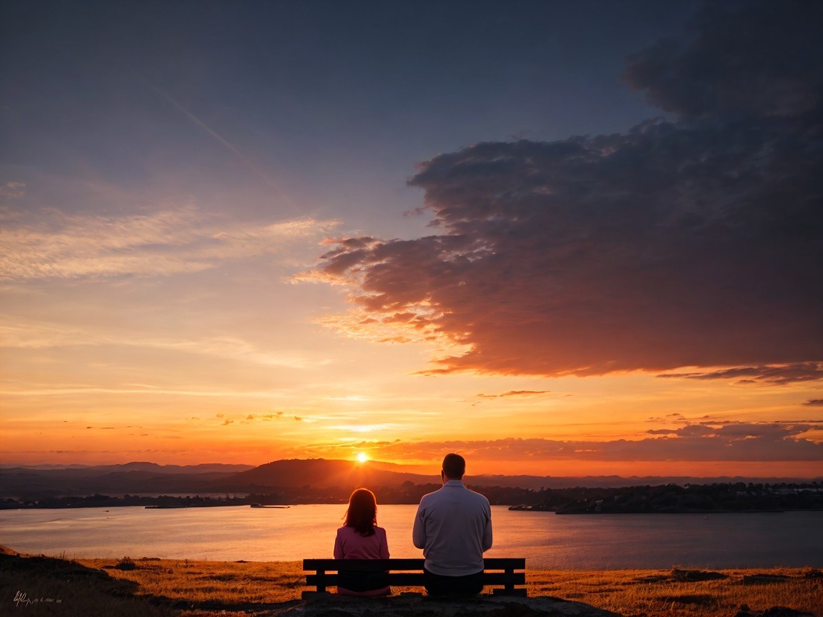 Serene Sunset Over Tranquil Water with Couple Silhouette