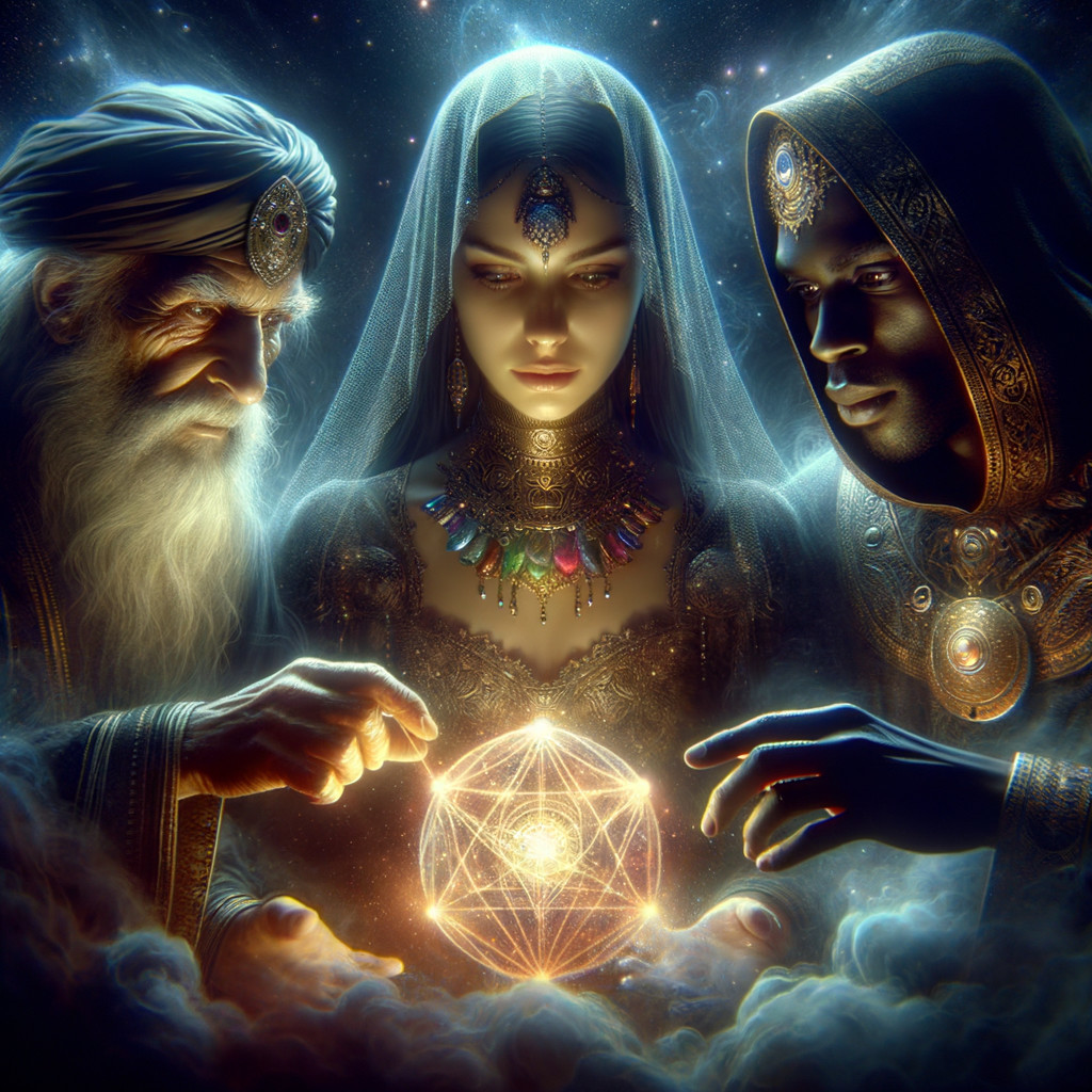 Gathering Around a Glowing Orb in a Mystical Setting