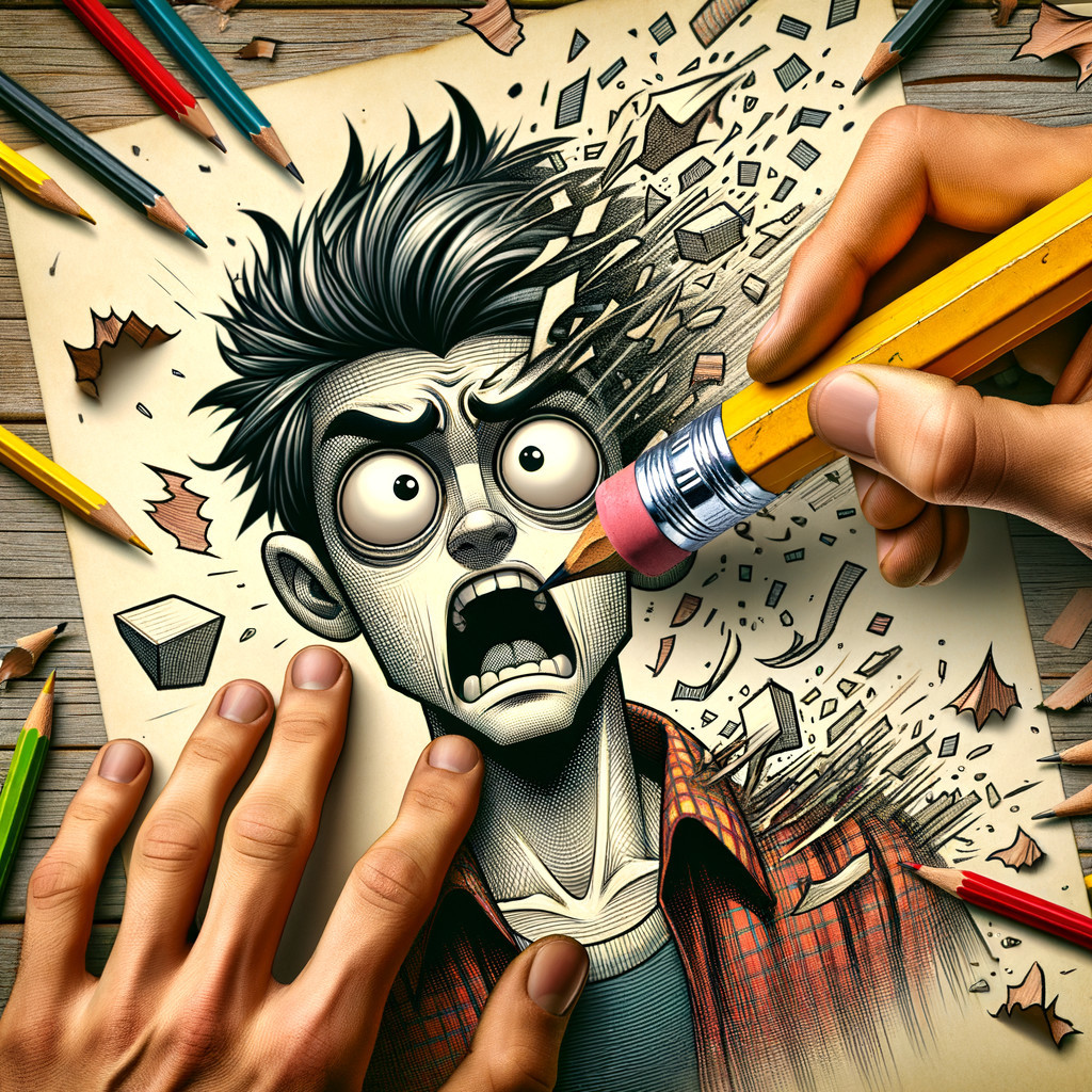 Young Boy Breaking Through Paper with Pencil Chaos