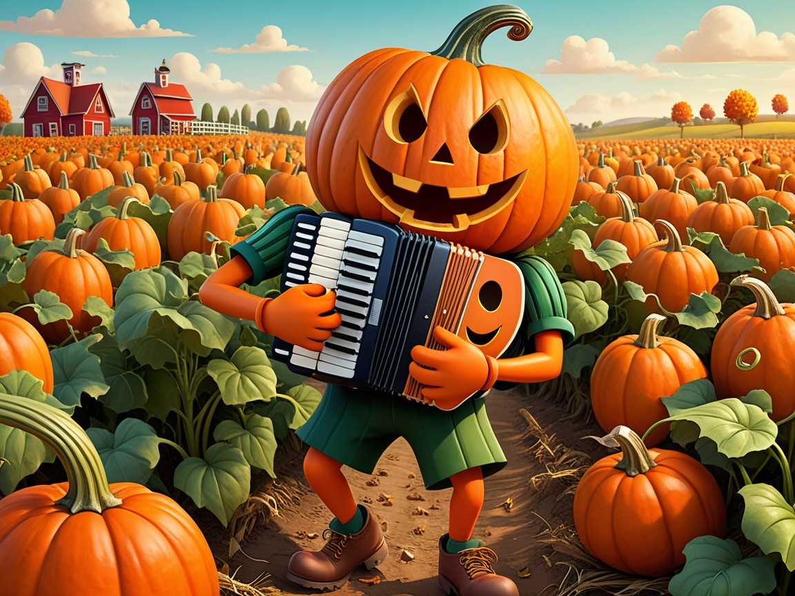 Playful Character with Pumpkin Head in Autumn Patch