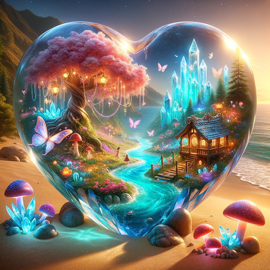 Whimsical Heart-Shaped Crystal Landscape Scene