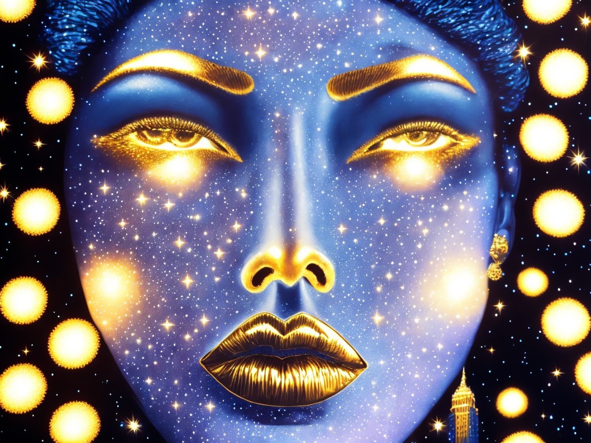 Cosmic Face Artwork with Blue Skin and Golden Accents