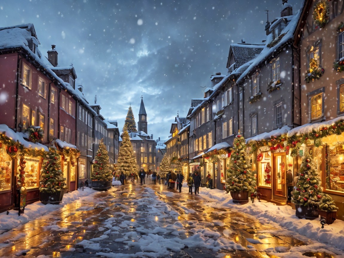 Snowy Cobblestone Street with Festive Christmas Decor