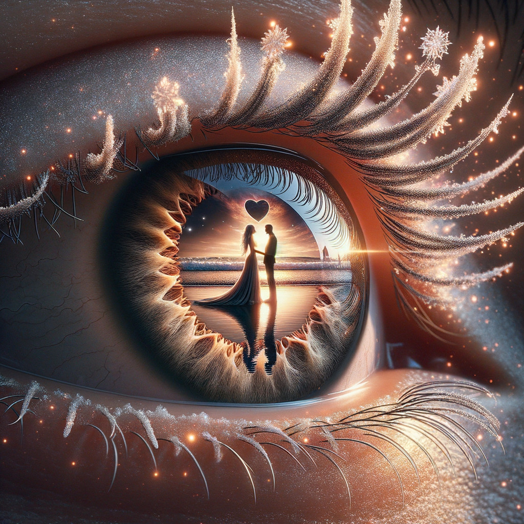 Detailed Eye Reflecting Romantic Beach Scene at Sunset