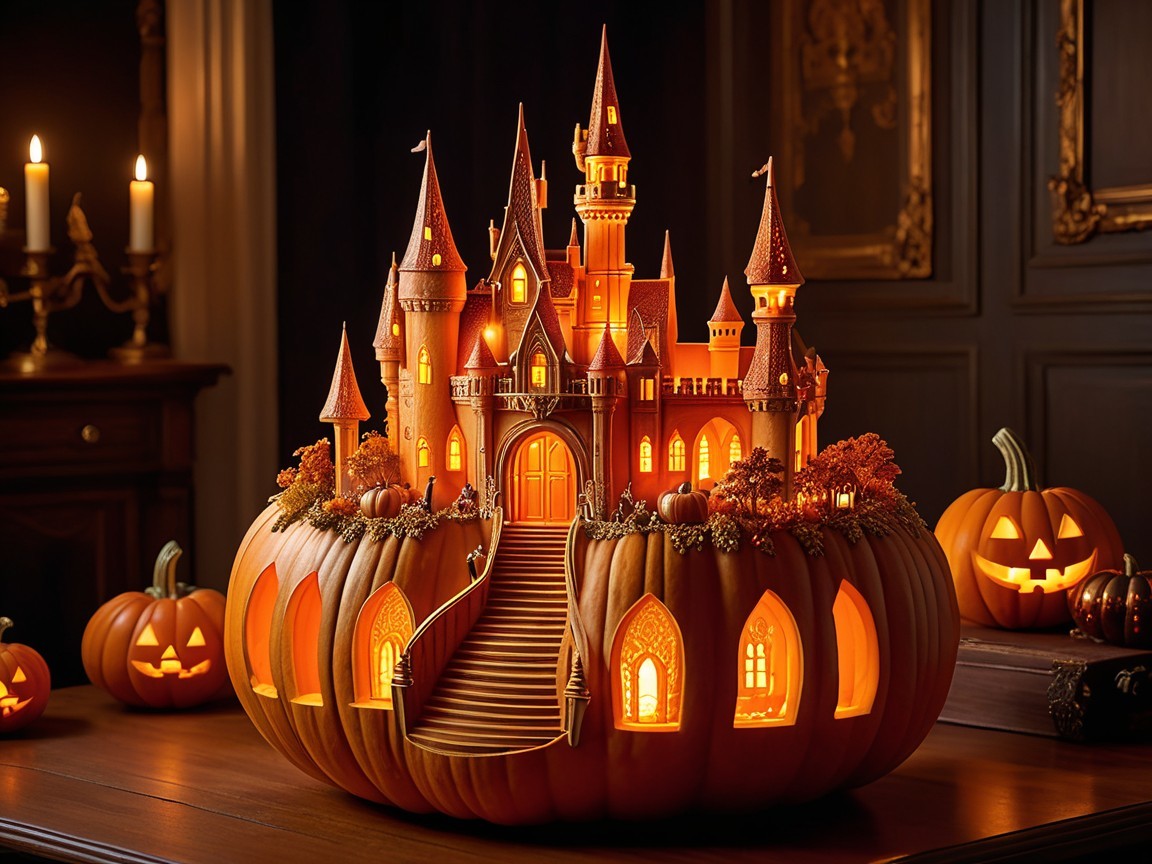 Whimsical Halloween Scene with Carved Pumpkin Castle
