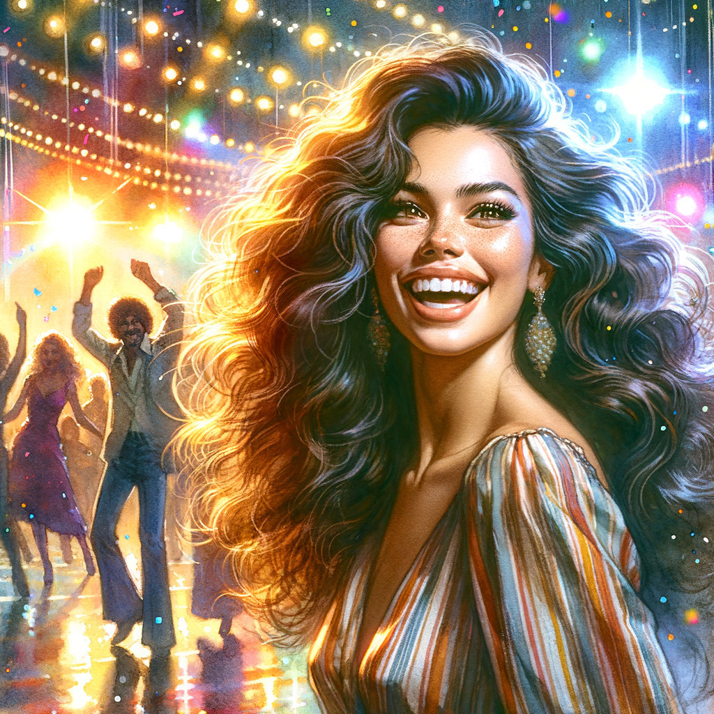 Disco Scene with Woman in Striped Top and Colorful Lights