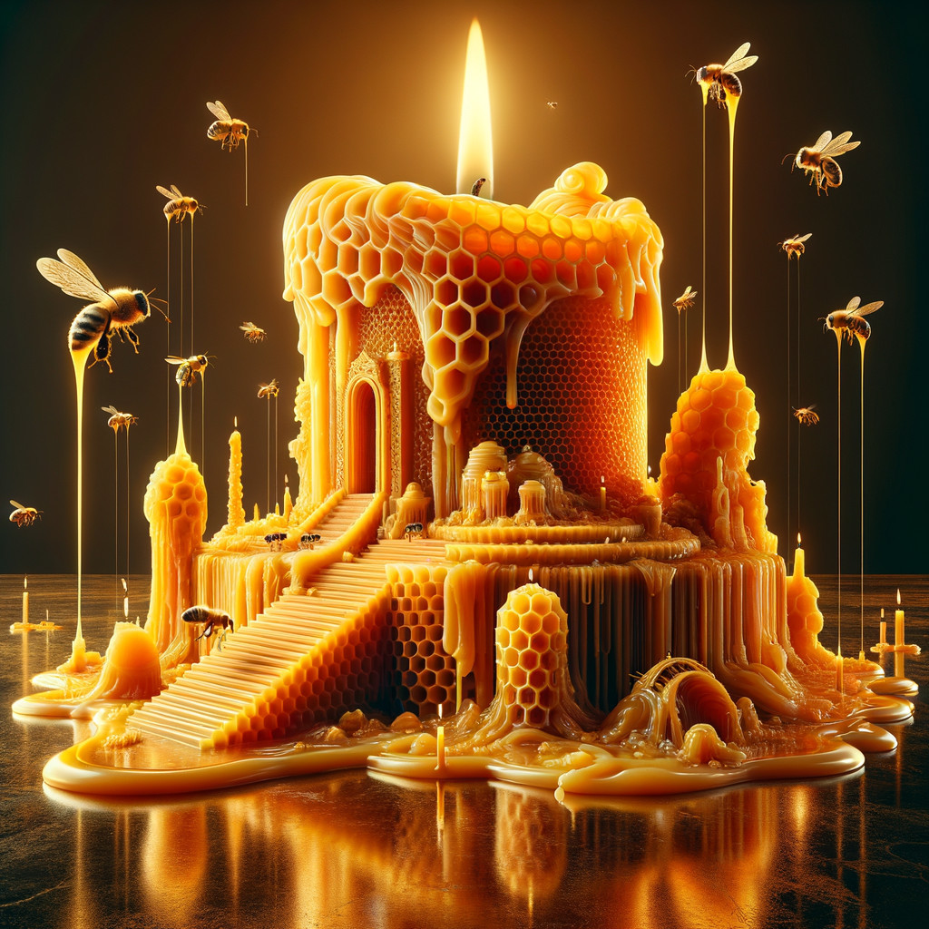 Golden Beeswax Castle Candle with Bees and Warm Glow