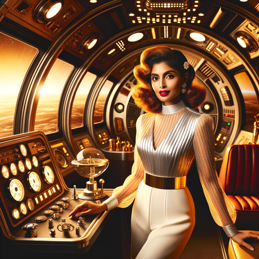 Fashionable Woman in Futuristic Spaceship Cockpit