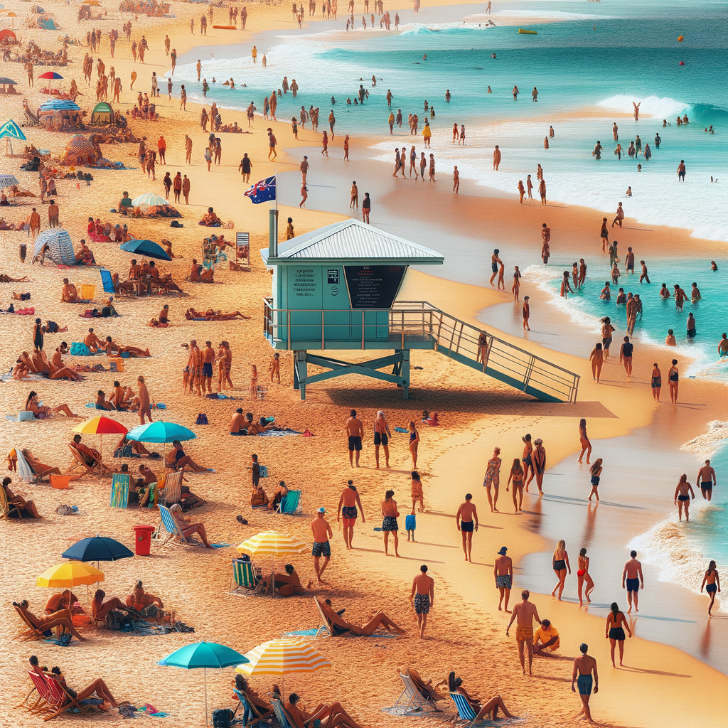 Vibrant Beach Scene with Sunbathers and Colorful Umbrellas