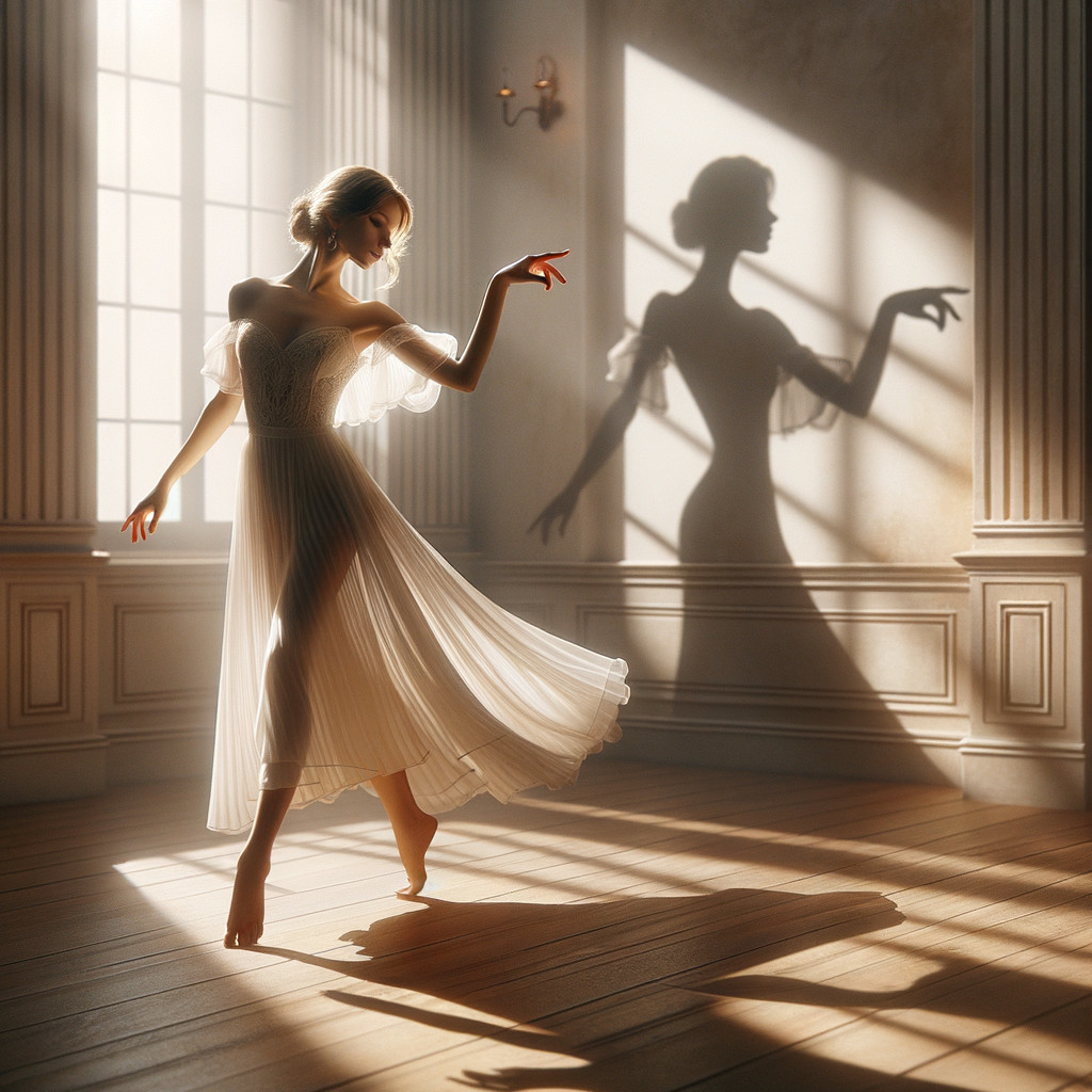 Elegant dancer in white dress in softly lit room