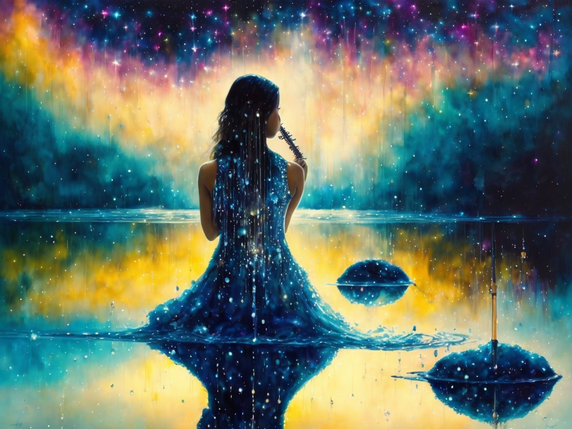 Serene Figure by Water Under Cosmic Stars