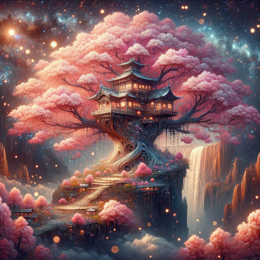 Majestic tree with pink blossoms in a mystical landscape
