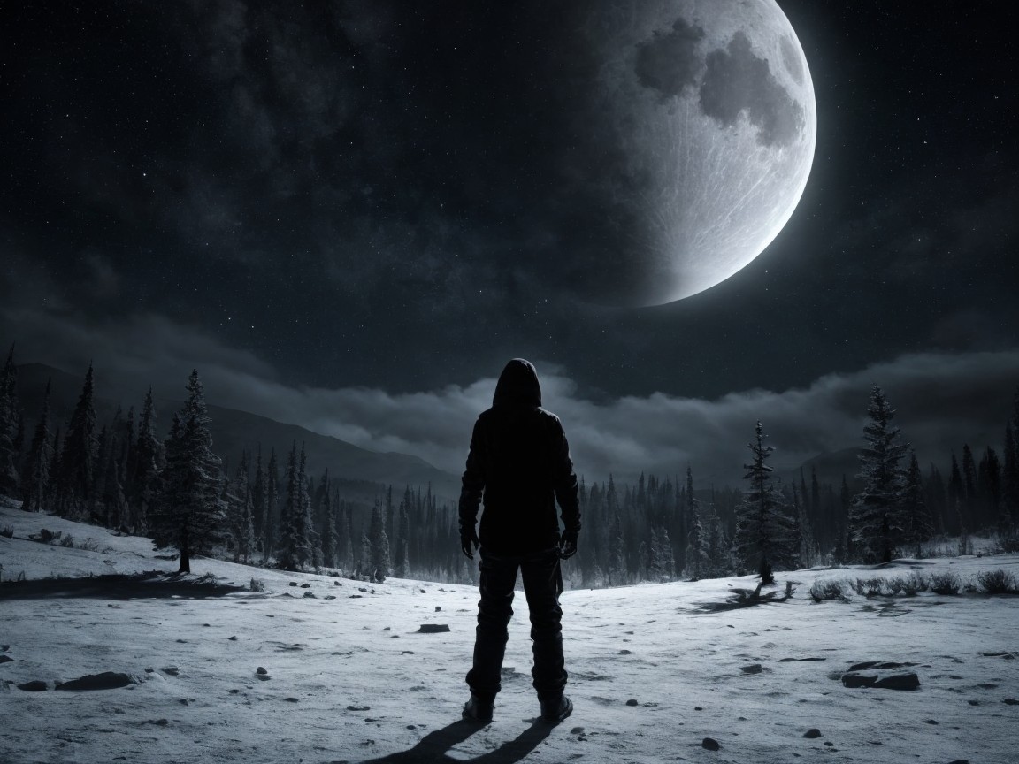 Silhouette in Snowy Landscape Under Night Sky