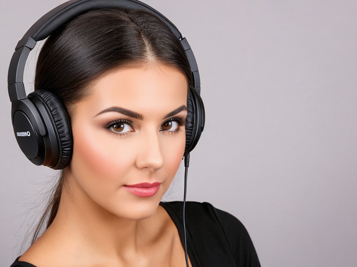 Young woman in headphones with calm expression and makeup