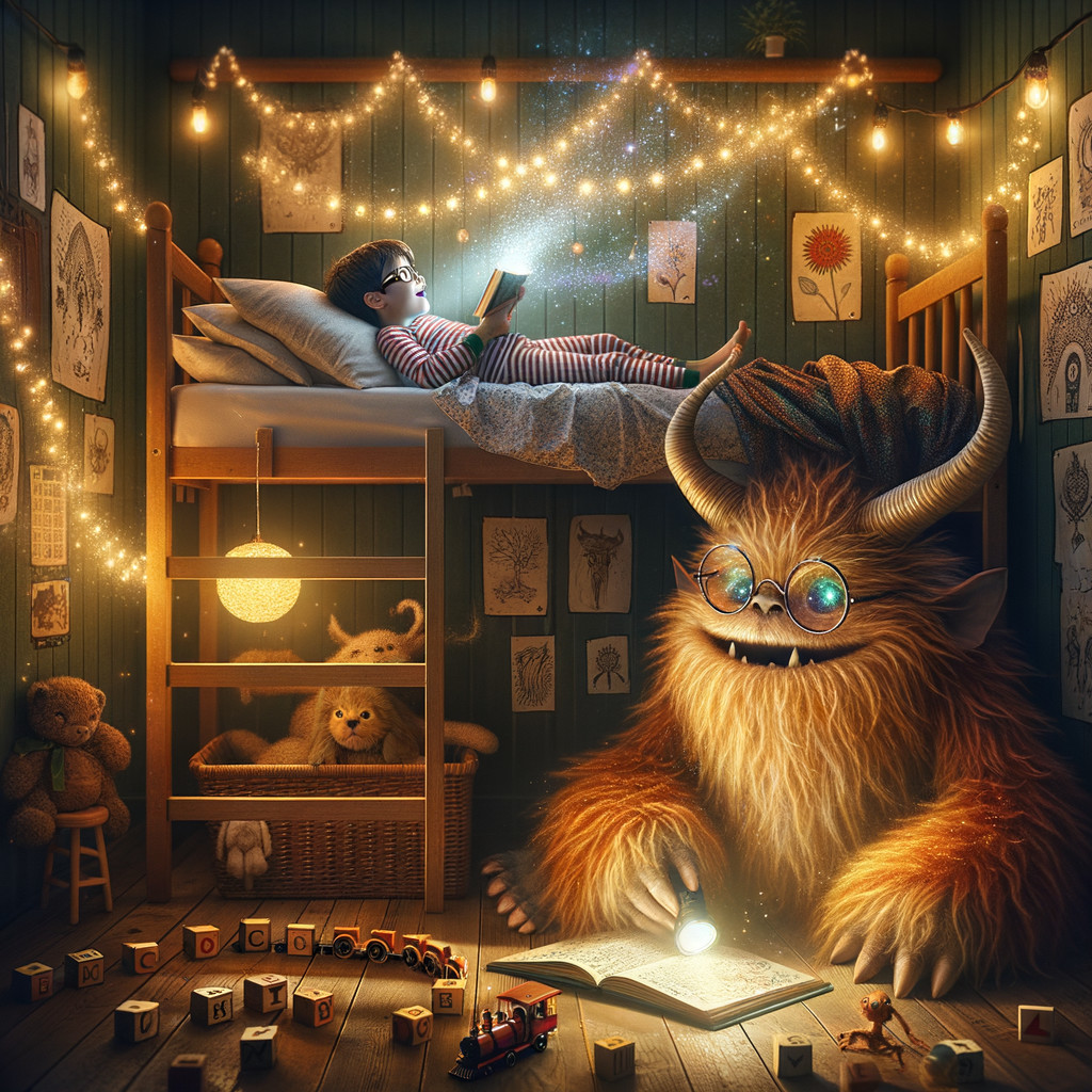 Cozy Bedroom with Boy, Monster, and Glowing Book