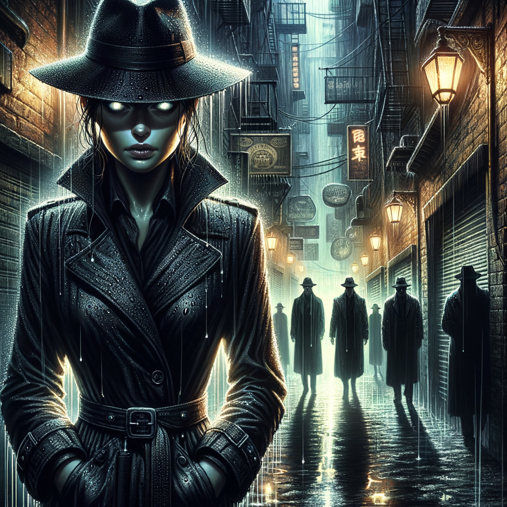 Mysterious Female Detective in Rainy Urban Setting