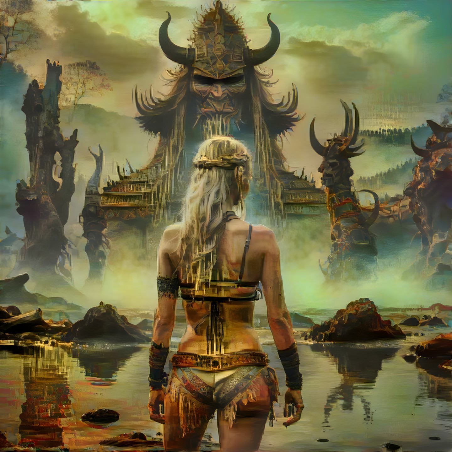 Warrior Woman and Mythical Giant in Surreal Landscape