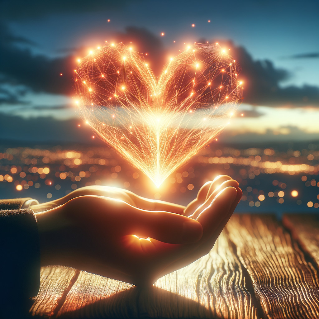 Glowing Heart Held Against Twilight Sky Background