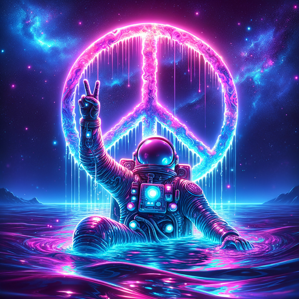 Astronaut in Cosmic Waters with Neon Peace Symbol
