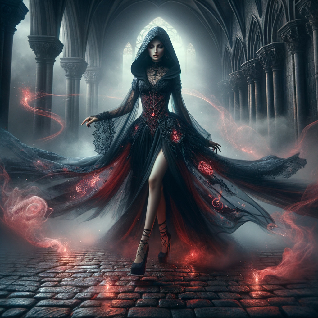 Mysterious Figure in Dark Gown in Ancient Cathedral