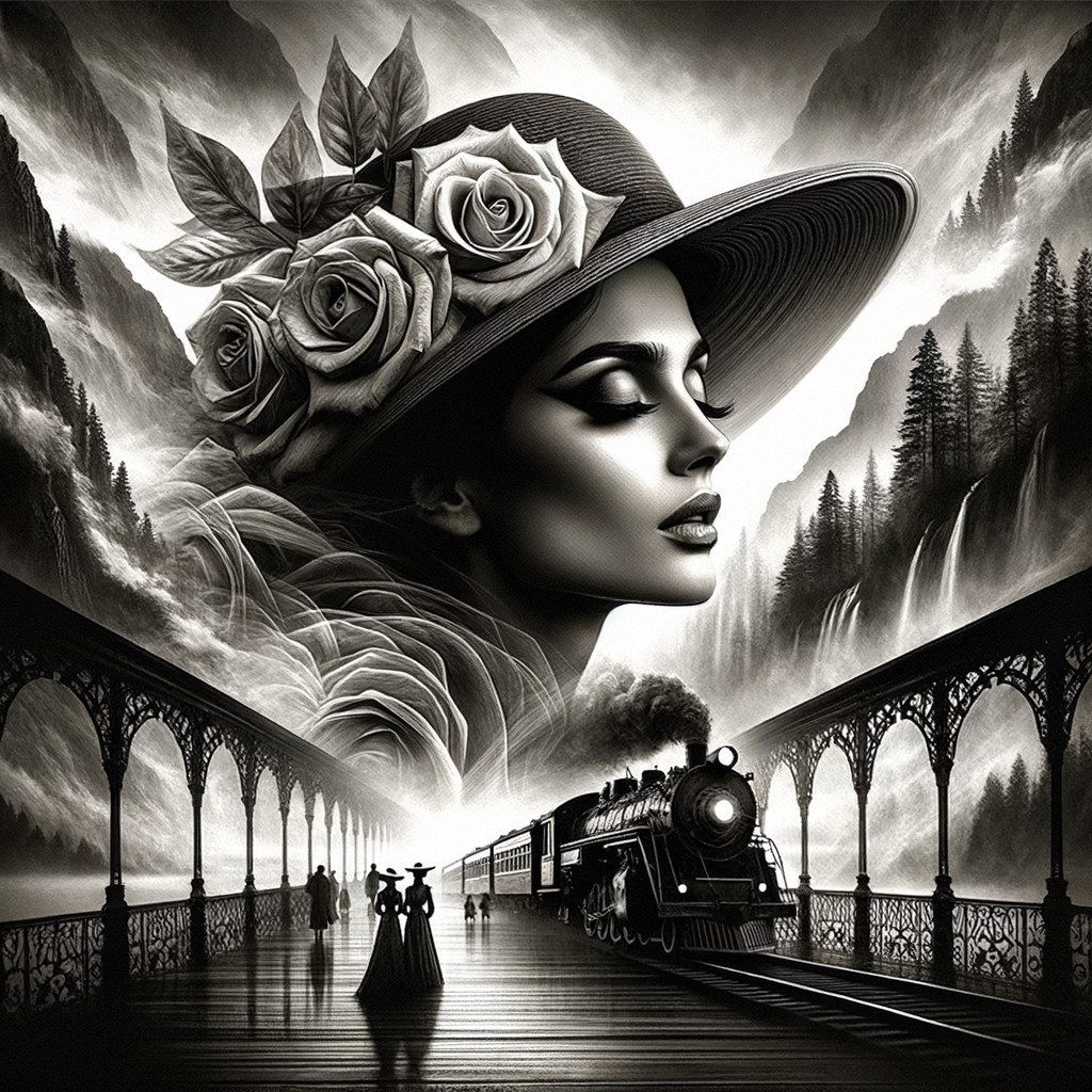 Black-and-white illustration of a serene female face