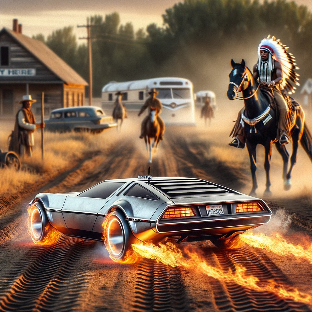 Futuristic Car and Native American Warrior in Landscape